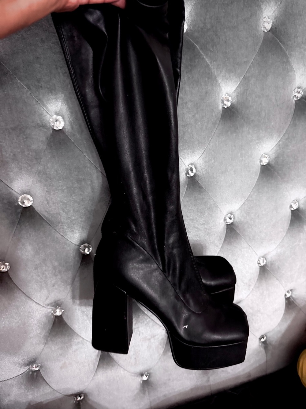 Platform Knee-High Block Heel Boots - Black